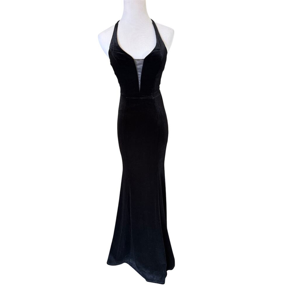 Black Velvet Halter Tie Mesh Mermaid Fromal Prom Gown Cocktail Dress City Vibe 0